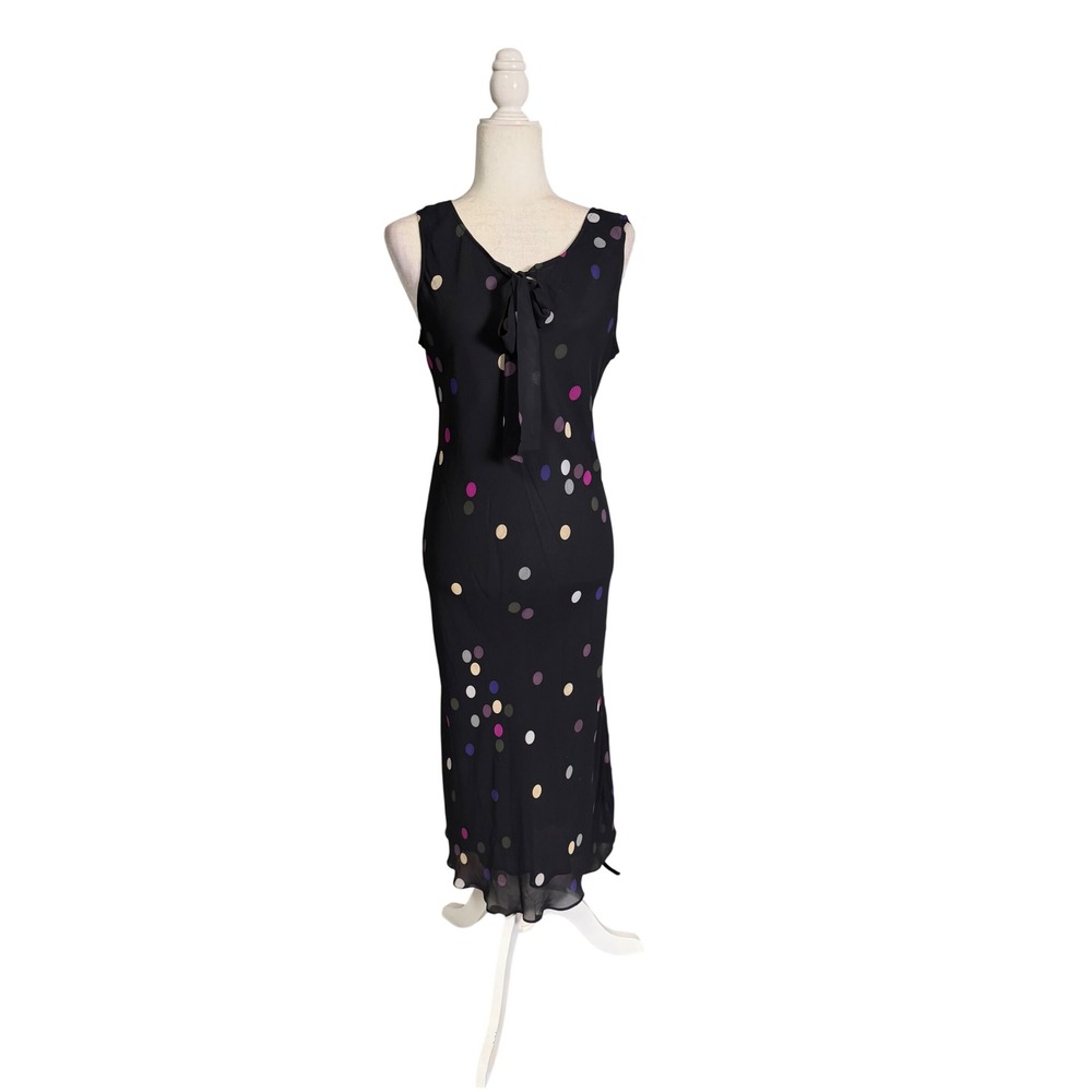 Vintage Y2K Casual Corner Black Polka Dot Tie Front Maxi Dress Size 10